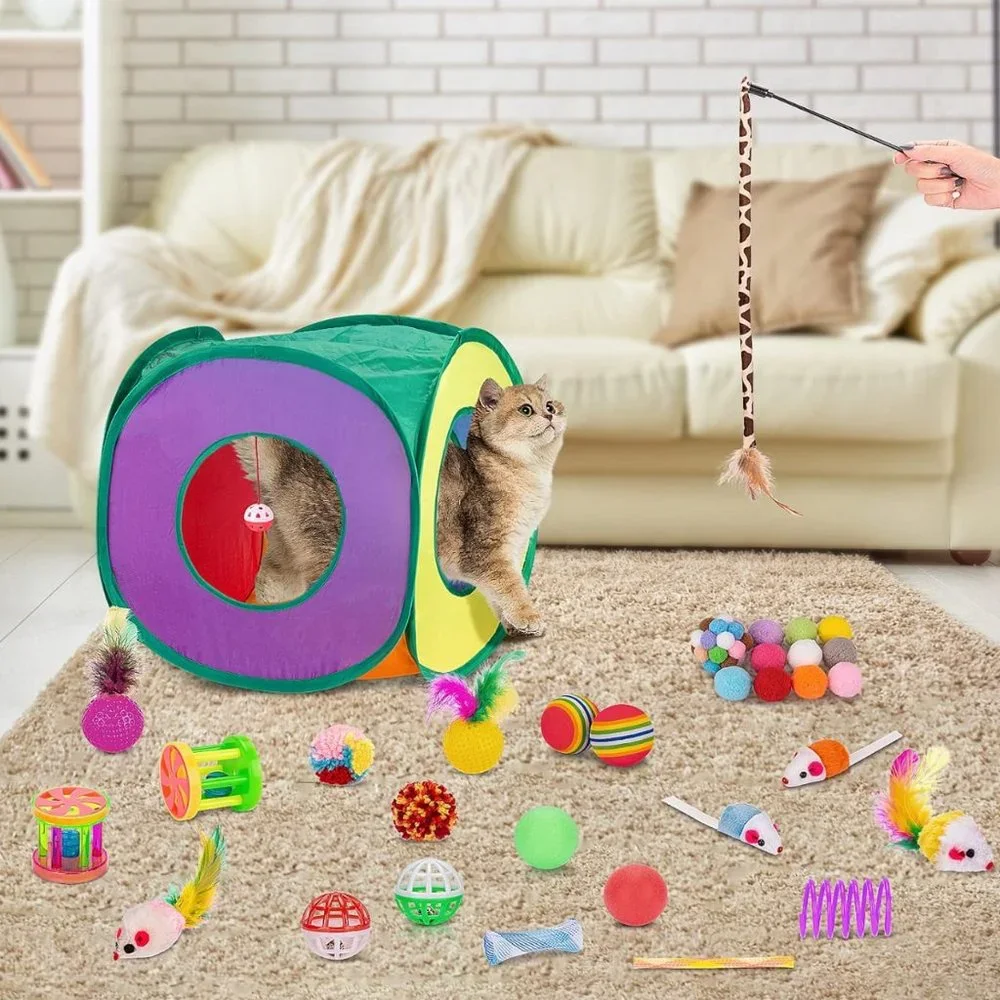 33 PCS Cat Toys Kitten Toys Set, Collapsible Cat Tunnels for Indoor Cats